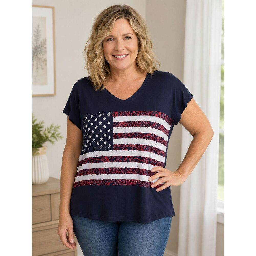 St. John's Bay Petite XL Patriotic American Flag V-Neck Navy Cotton T-Shirt #14